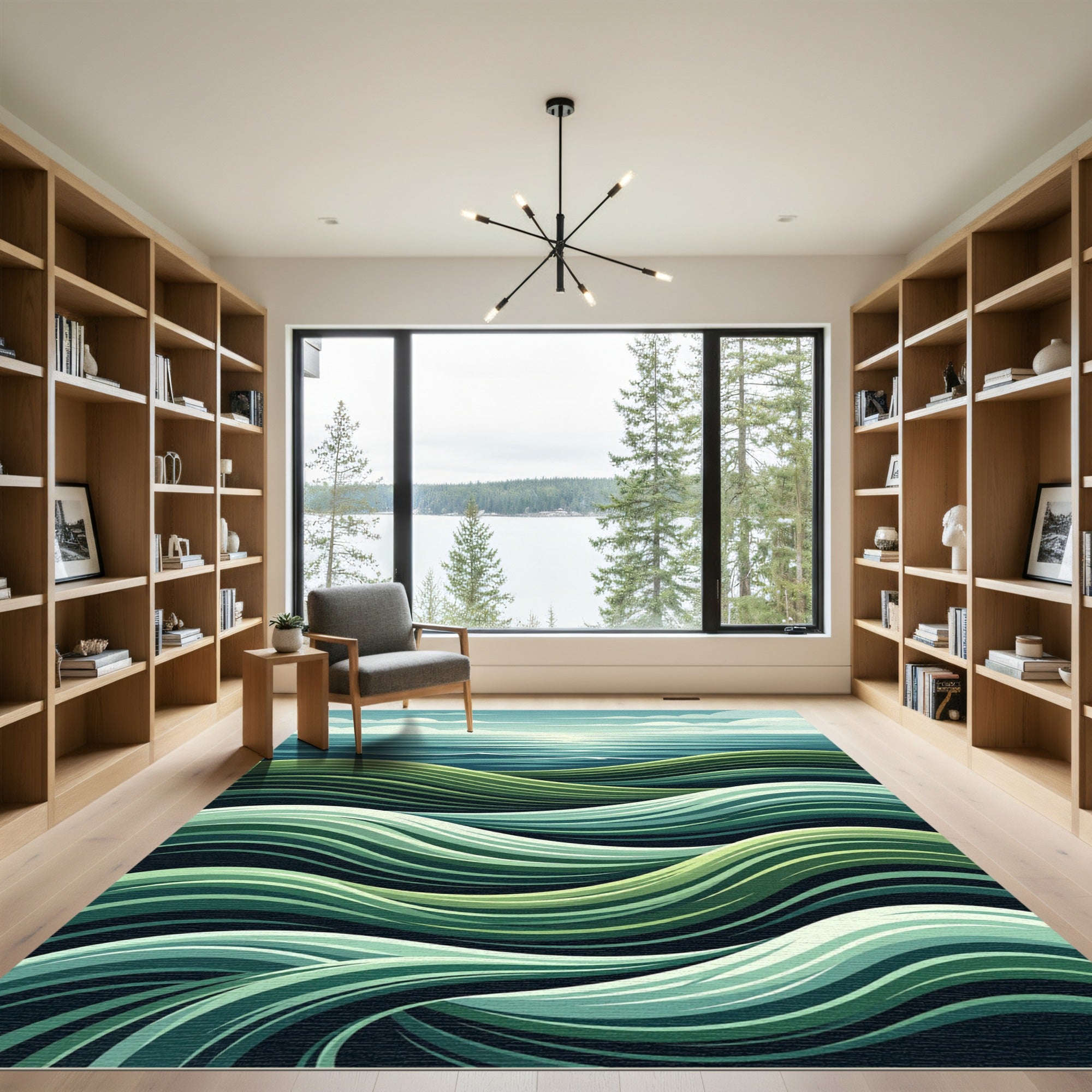 Modern Abstract Green Rolling Ocean Waves Rug