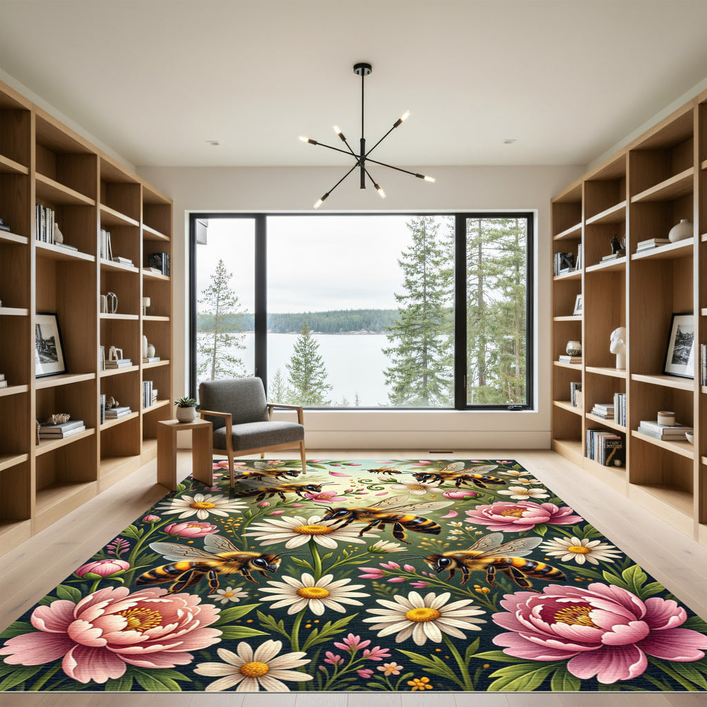 Golden Bee and Peony Floral Garden Rug