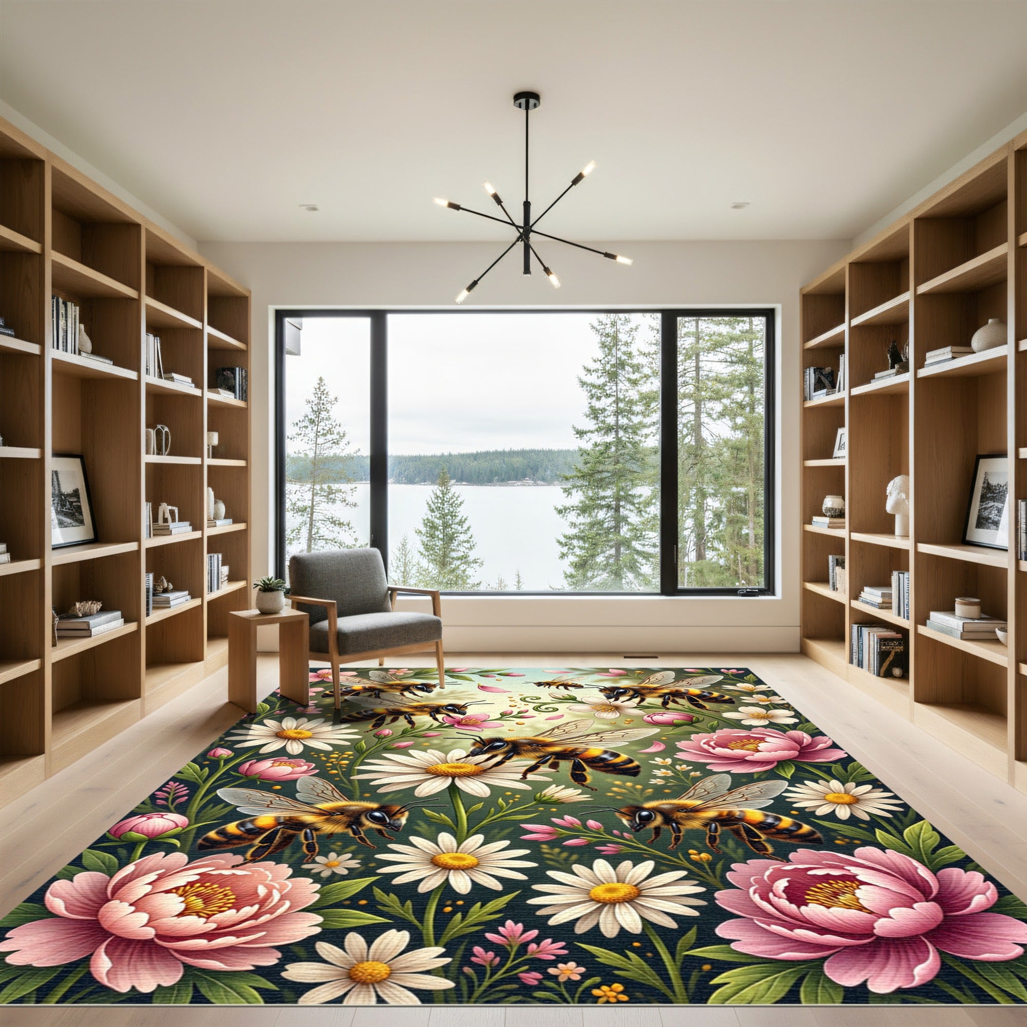 Golden Bee and Peony Floral Garden Rug