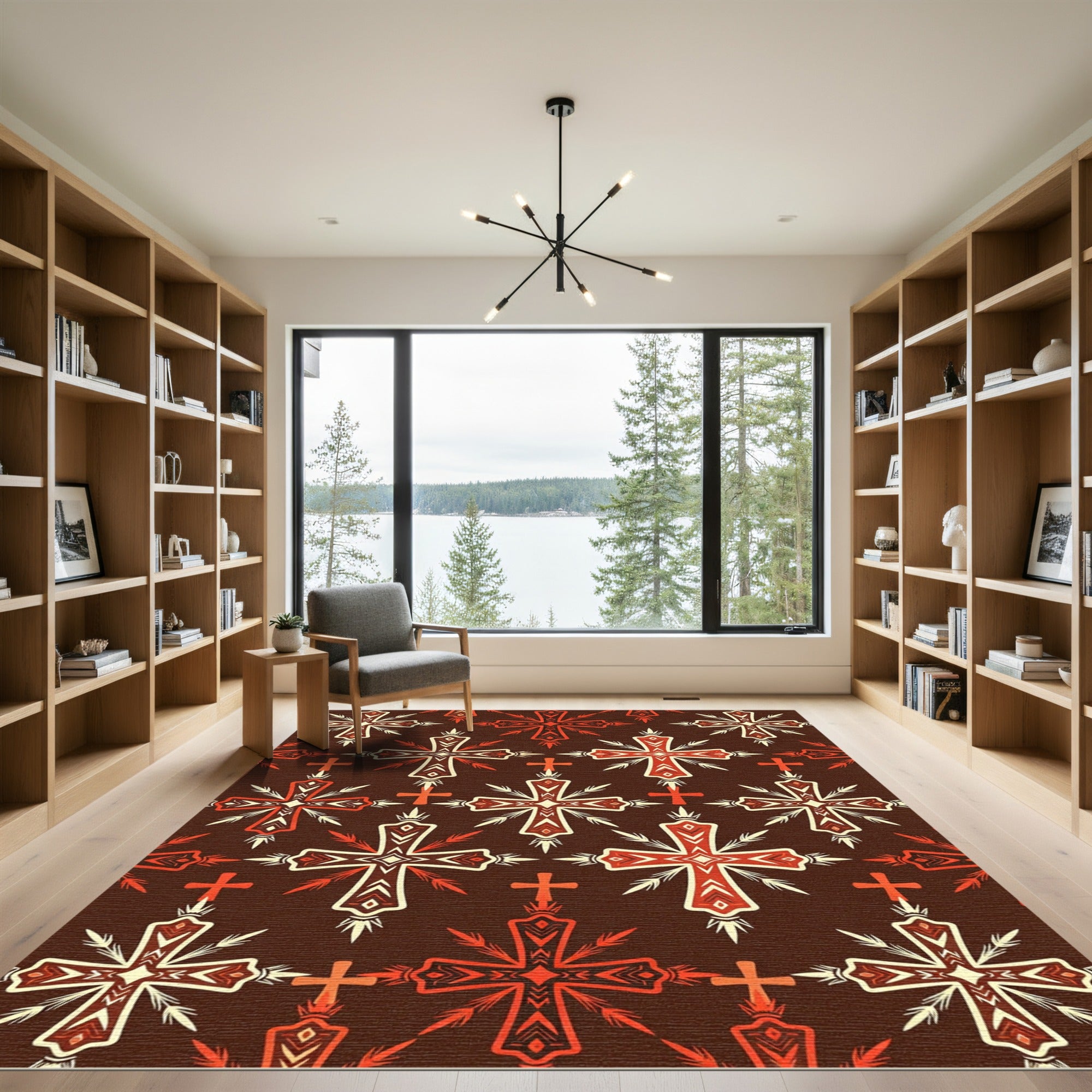 Crimson Ornamental Cross Geometric Tapestry Rug