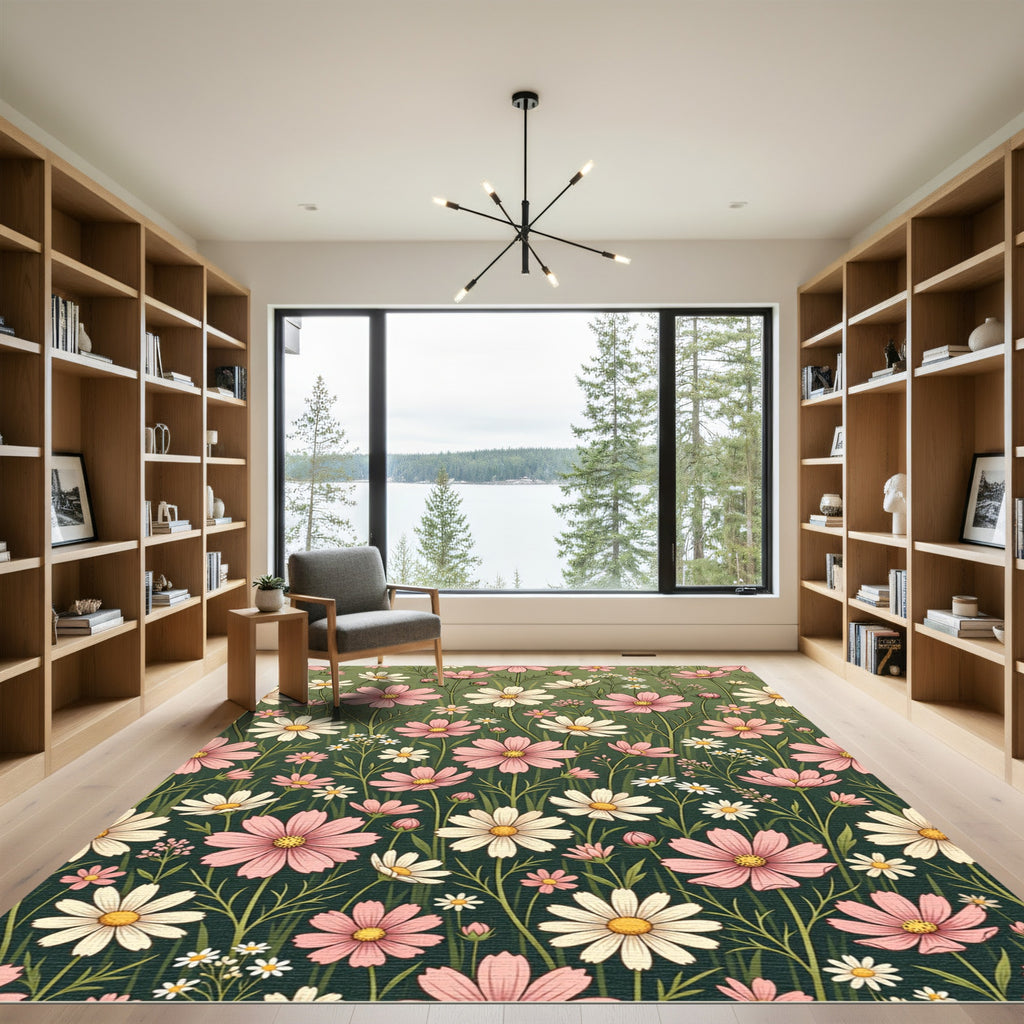 Blushing Floral Meadow on Sage Green Rug