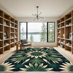 Modern Dark Green Botanical Star Mandala Rug