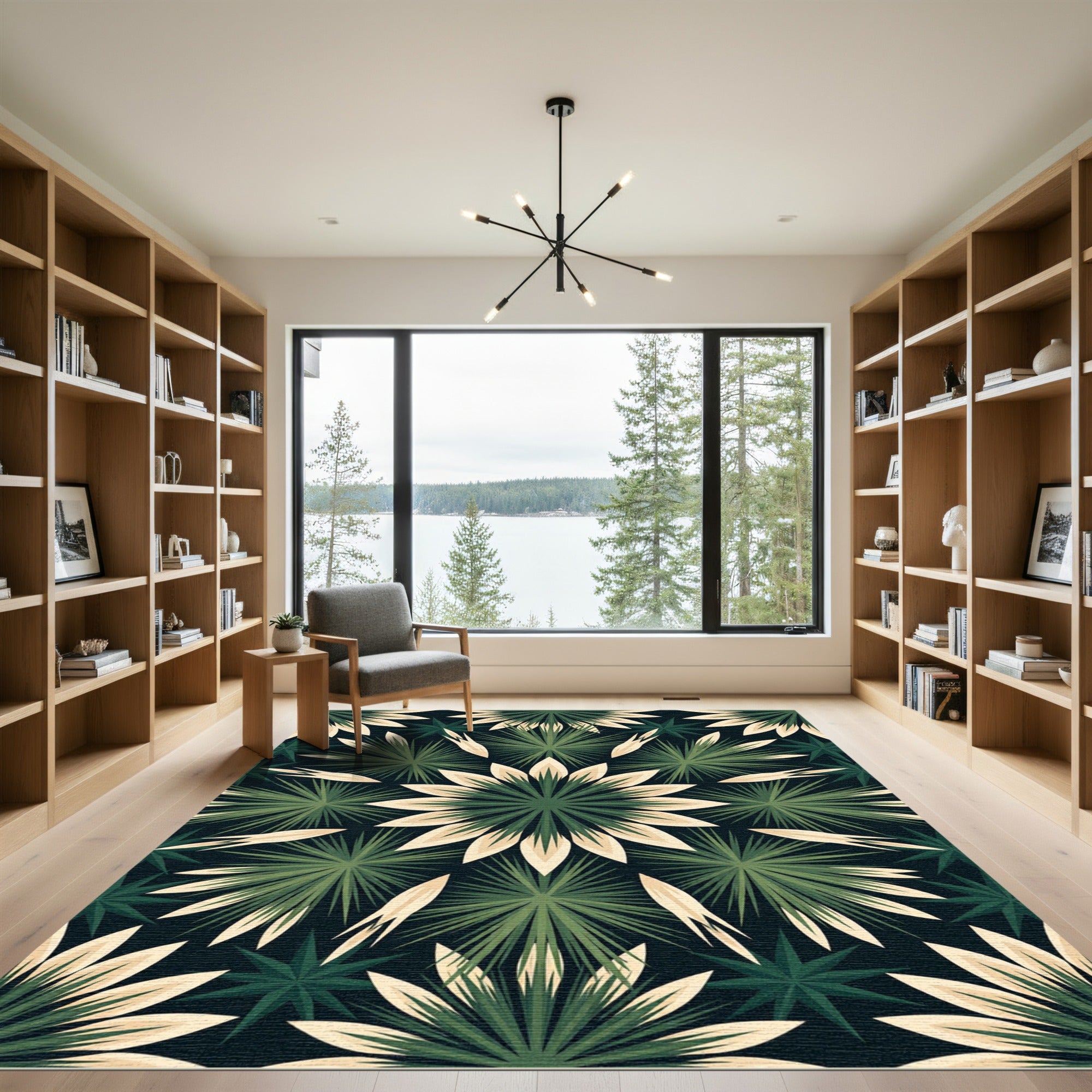 Modern Dark Green Botanical Star Mandala Rug