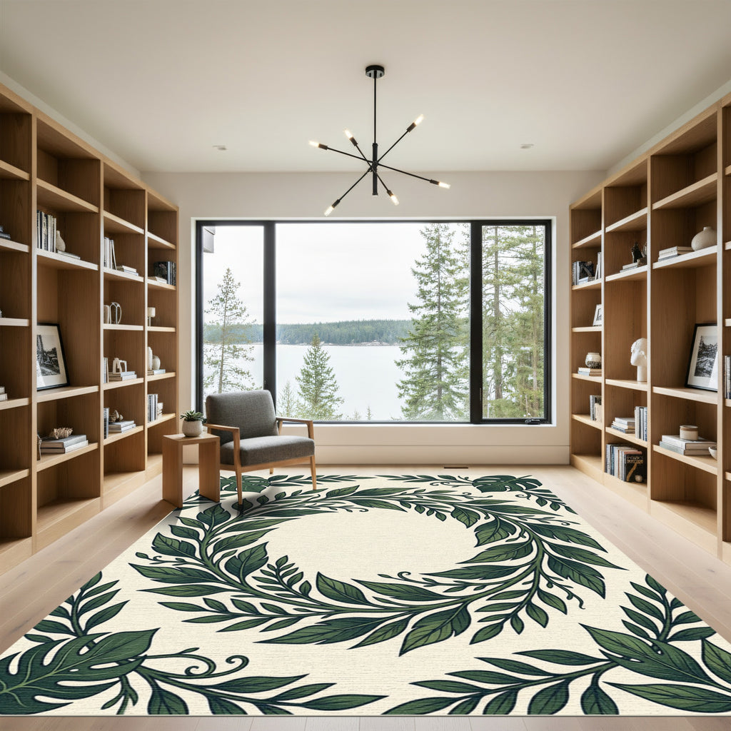Lush Green Tropical Foliage Wreath Rug