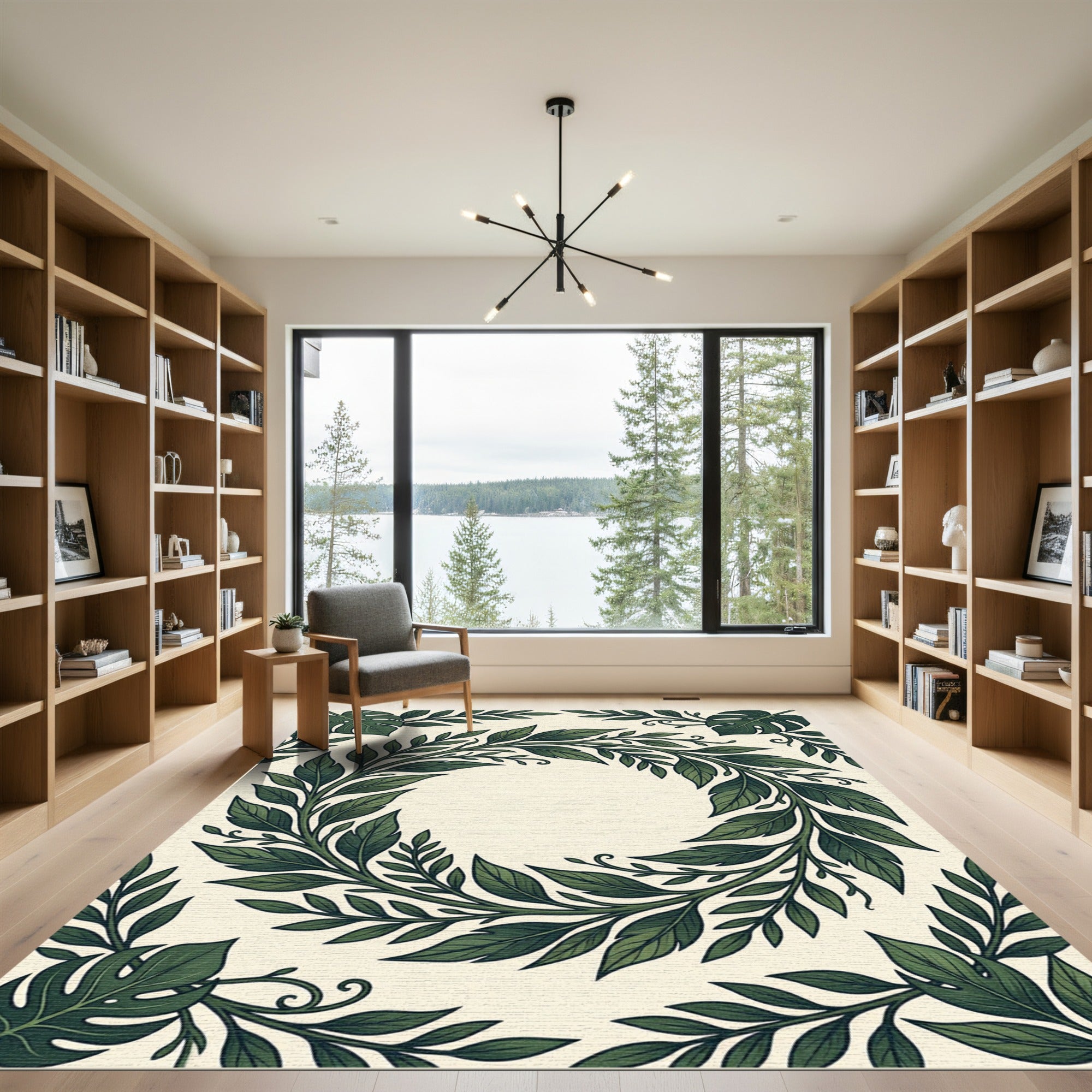 Lush Green Tropical Foliage Wreath Rug