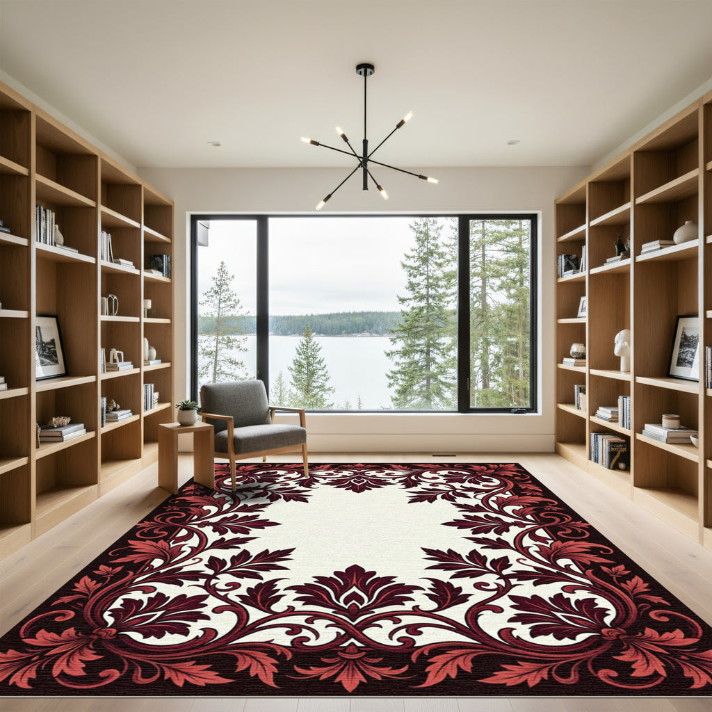 Crimson Red Floral Vine Border Rug