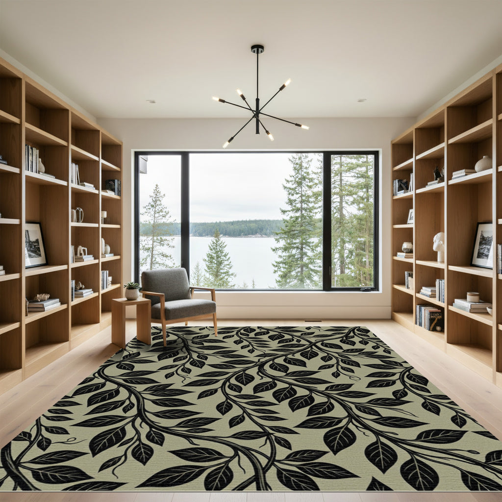 Black Leaf Vine Swirls Beige Rug