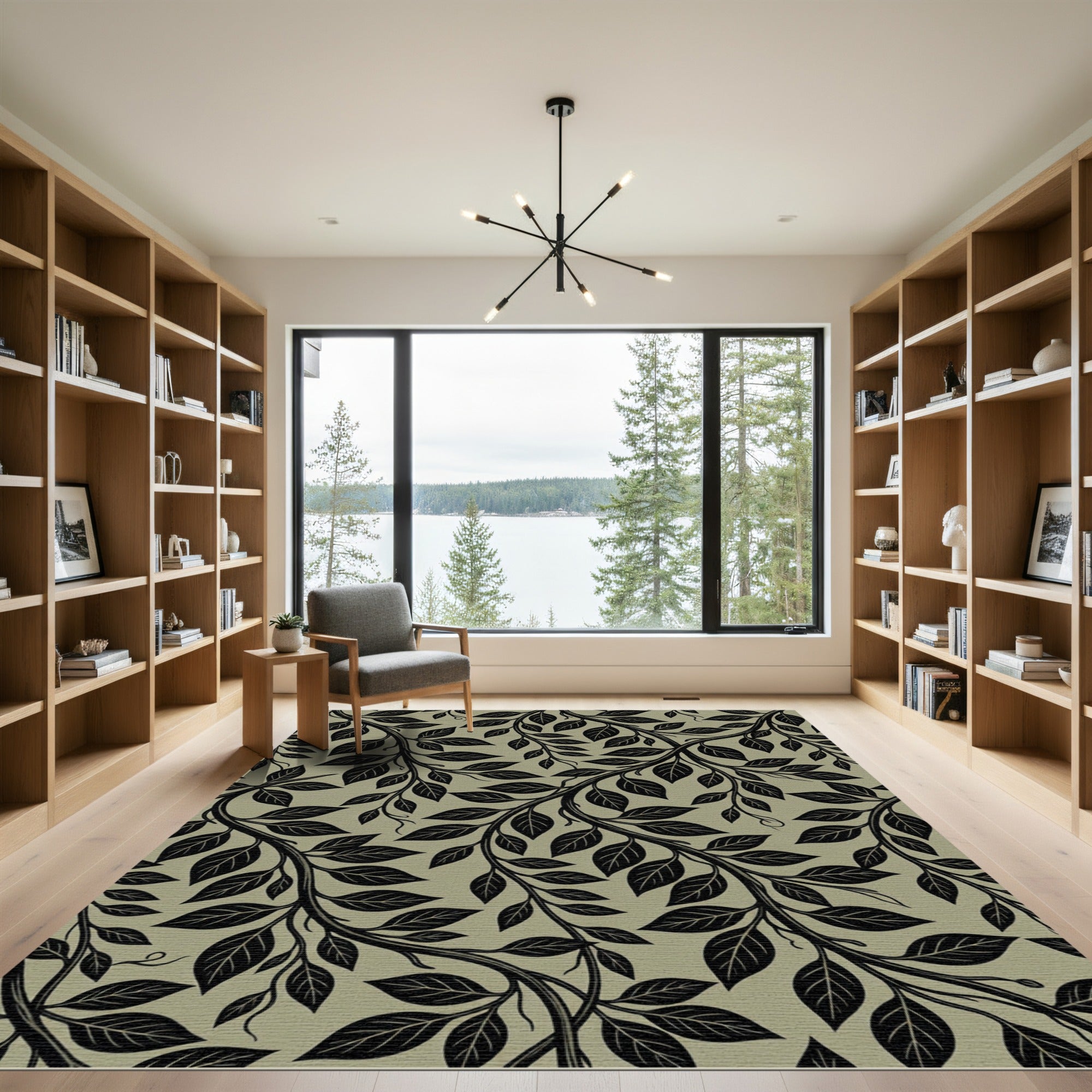 Black Leaf Vine Swirls Beige Rug