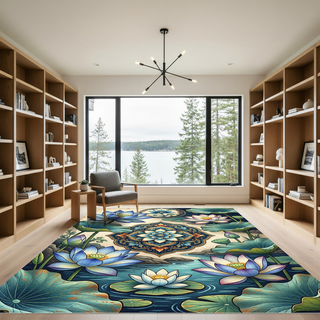Elegant Blue Lotus Mandala Floral Rug