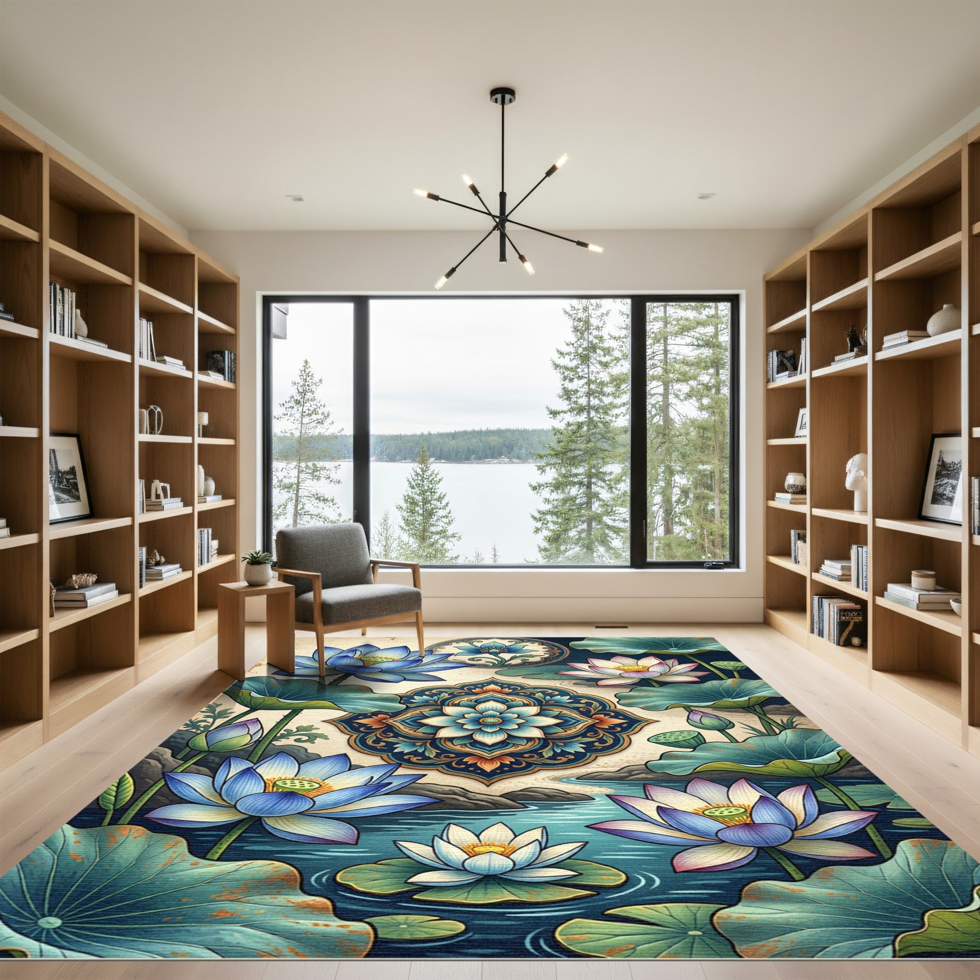 Elegant Blue Lotus Mandala Floral Rug