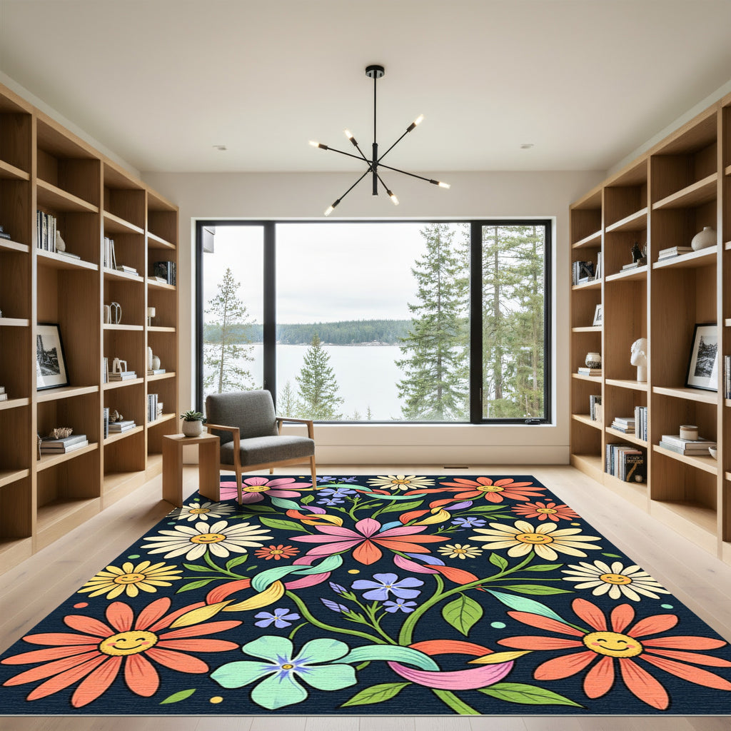 Whimsical Retro Daisy Floral Garden Rug