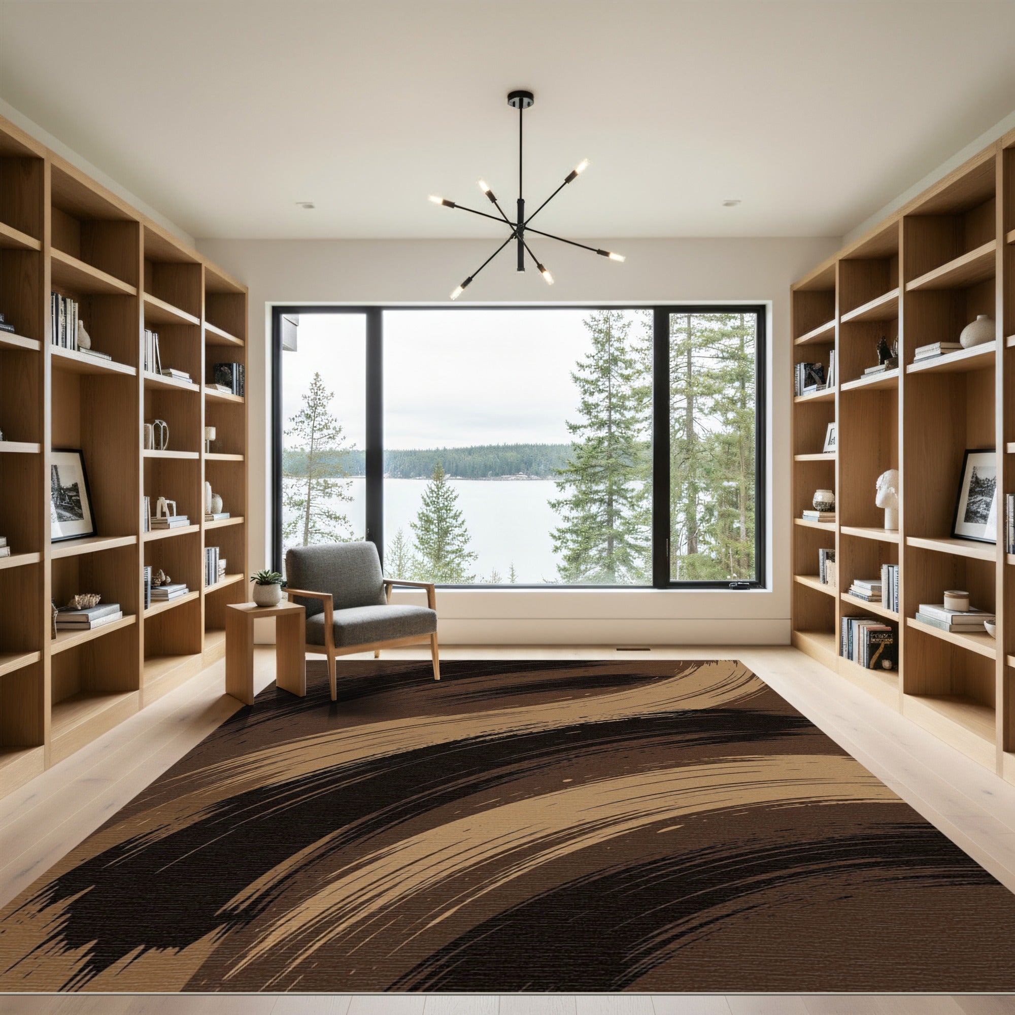 Moody Brown Abstract Brushstroke Swirl Rug