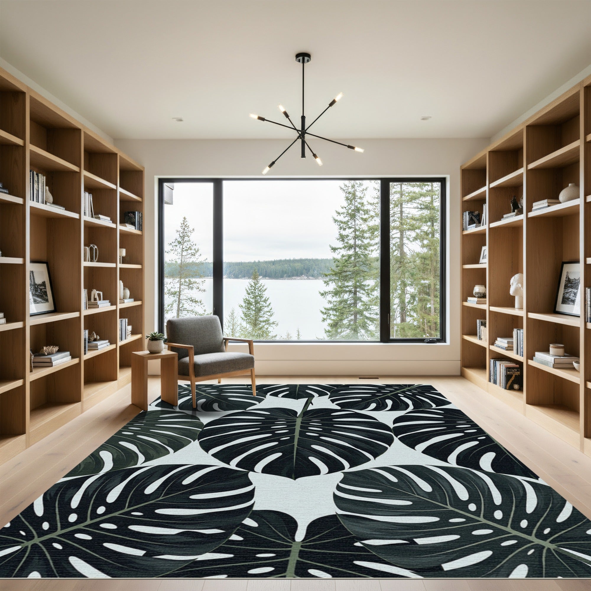 Dark Green Monstera Leaf Arrangement Rug