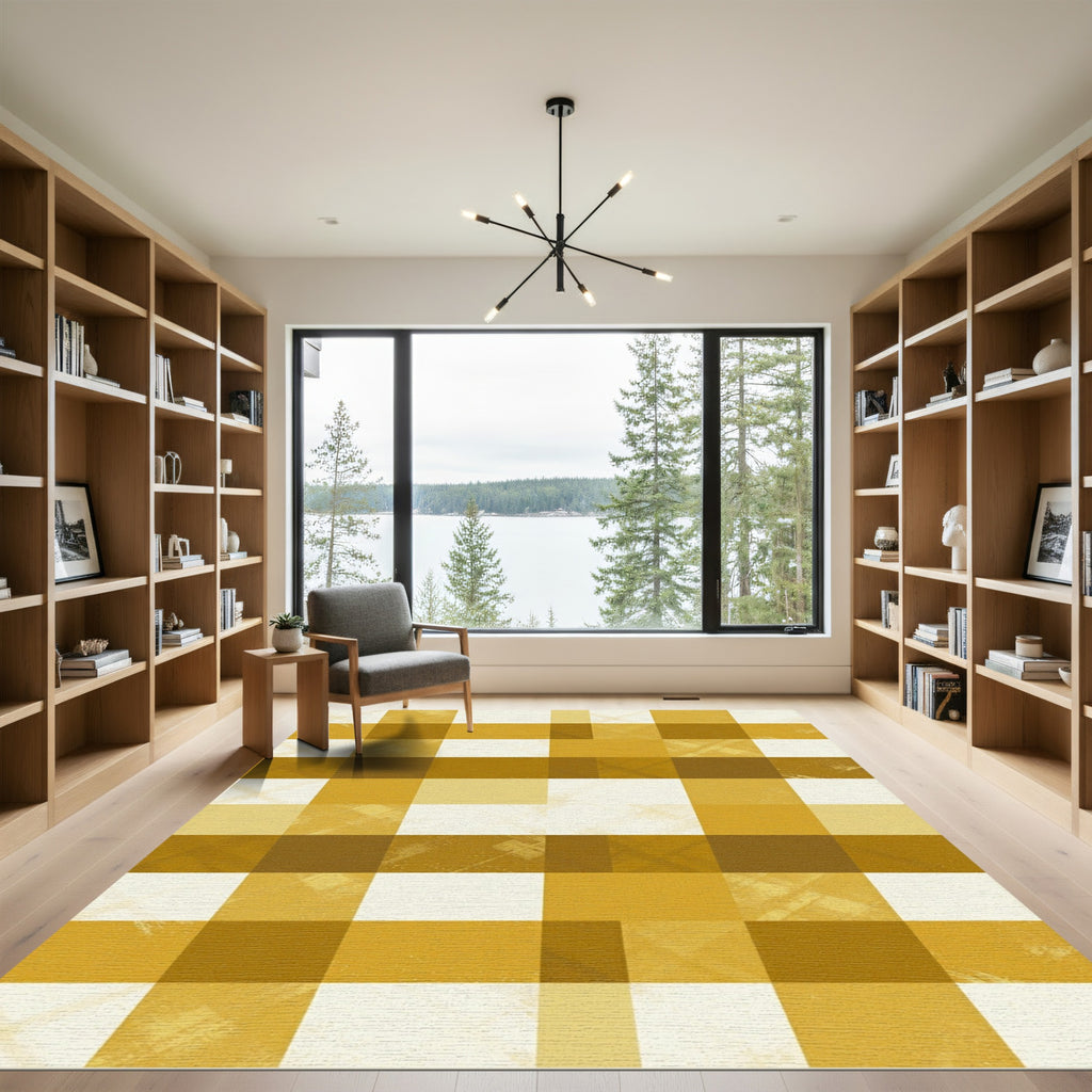 Golden Yellow Gingham Checkered Grid Rug