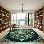 Ornate Emerald Foliage Heraldic Crest Rug