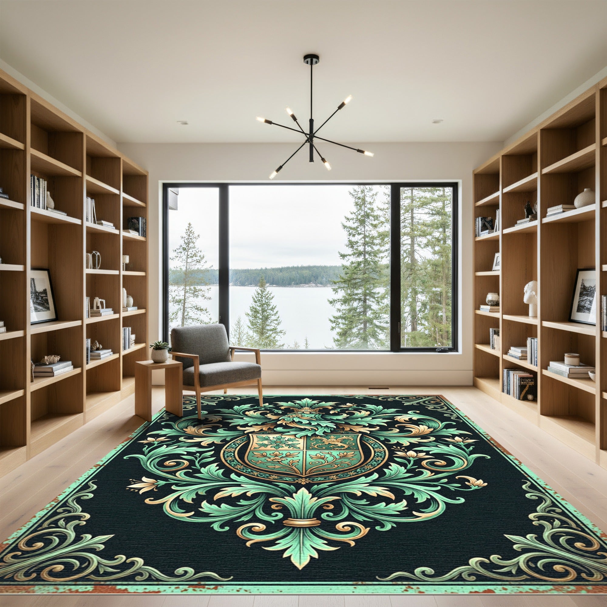 Ornate Emerald Foliage Heraldic Crest Rug