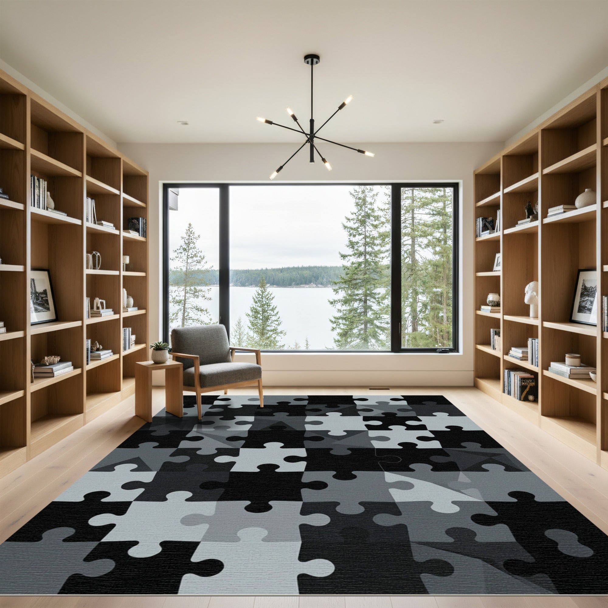 Monochrome Geometric Jigsaw Puzzle Abstract Rug