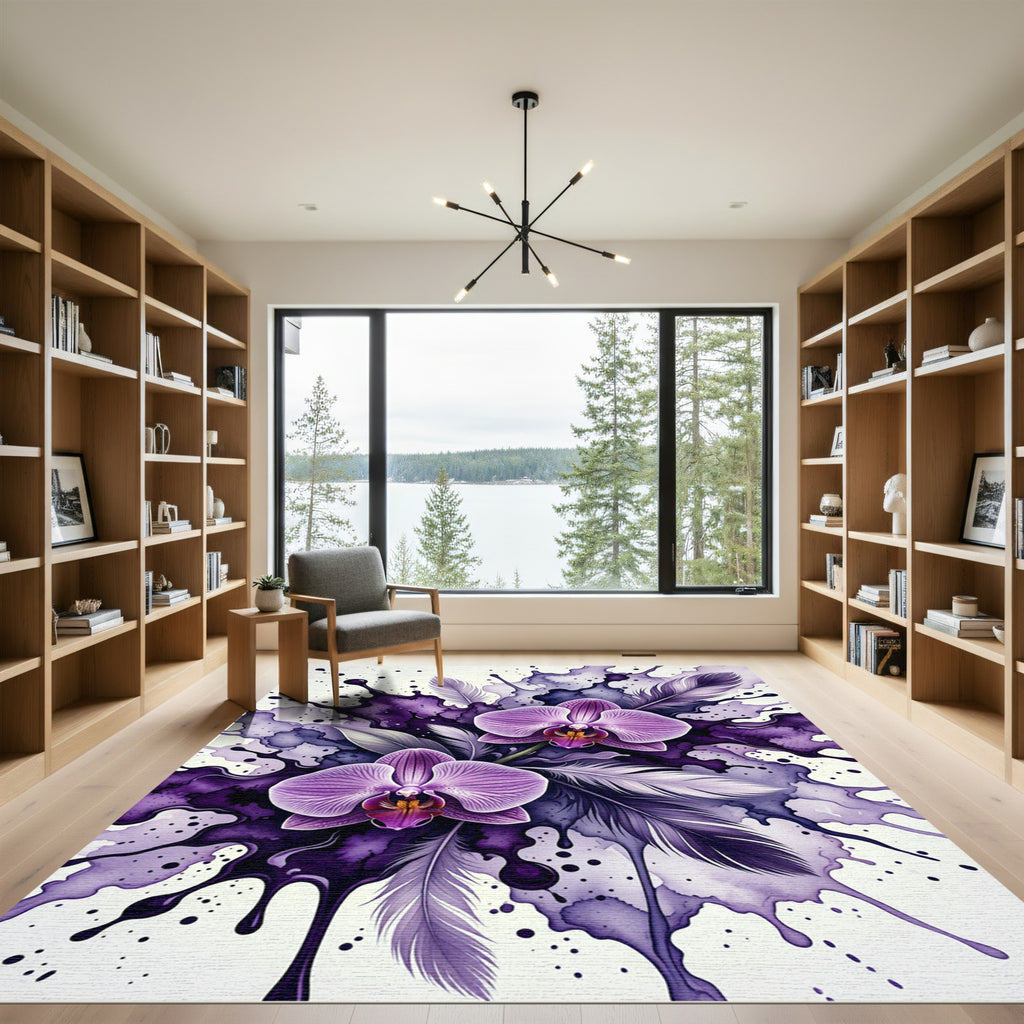 Watercolor Orchid and Feather Splatter Rug