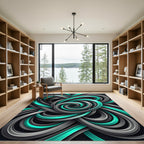 Modern Cyan and Charcoal Swirling Abstract Rug