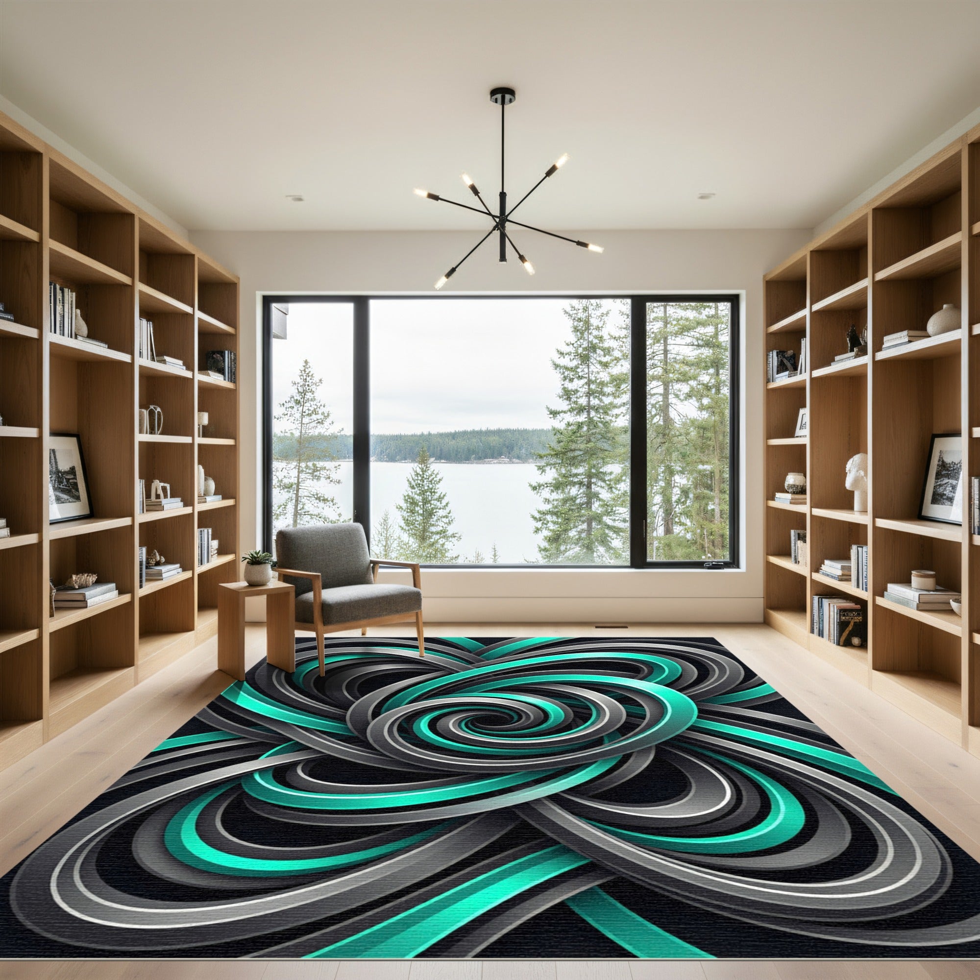Modern Cyan and Charcoal Swirling Abstract Rug