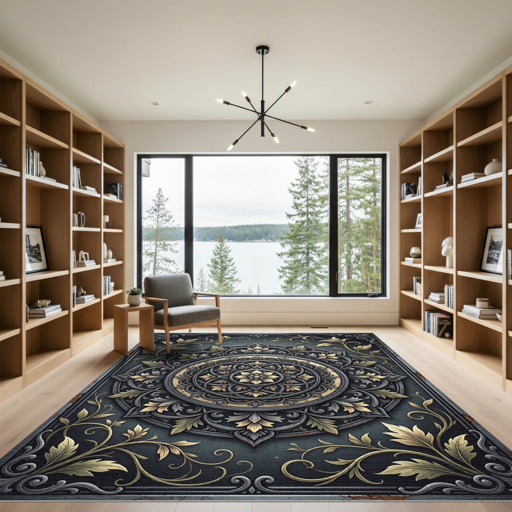 Ornate Golden Floral Medallion Charcoal Rug