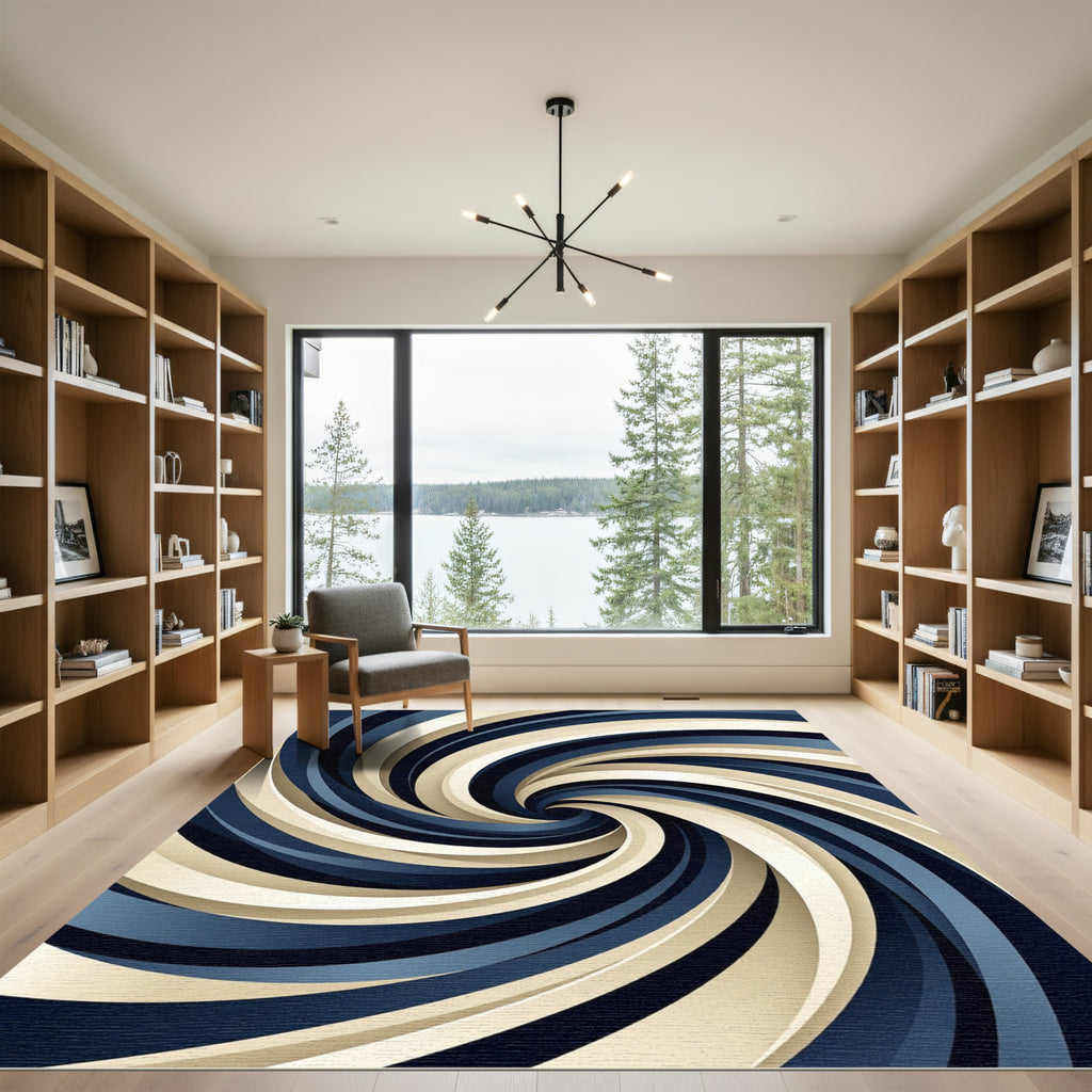 Modern Navy and Cream Spiral Vortex Rug