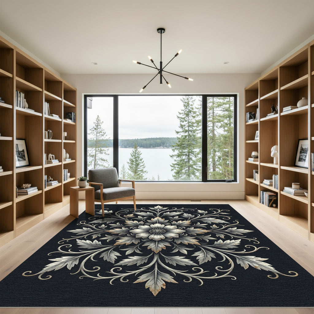 Silver Floral Damask Monochromatic Medallion Rug