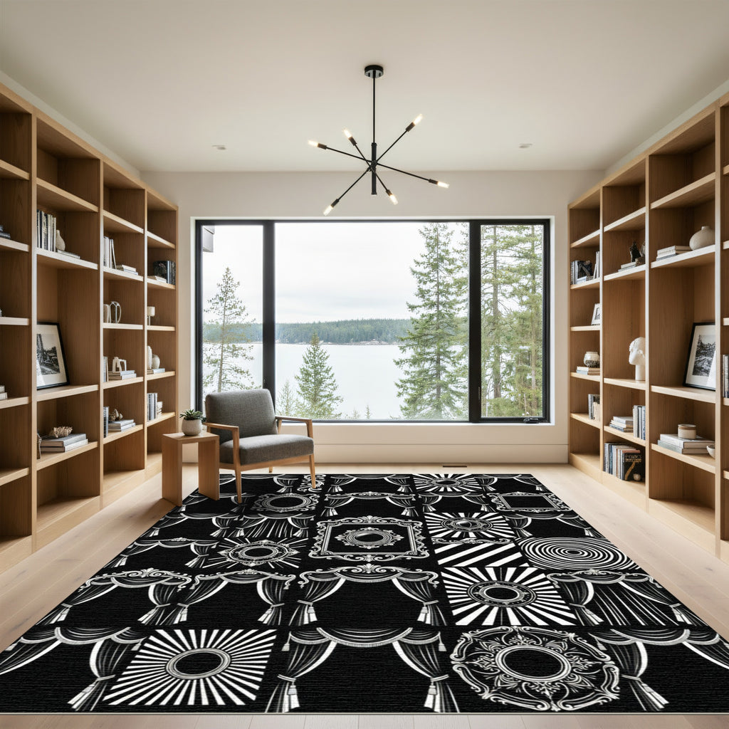 Ornate Swagged Drapes Sunburst Frame Rug