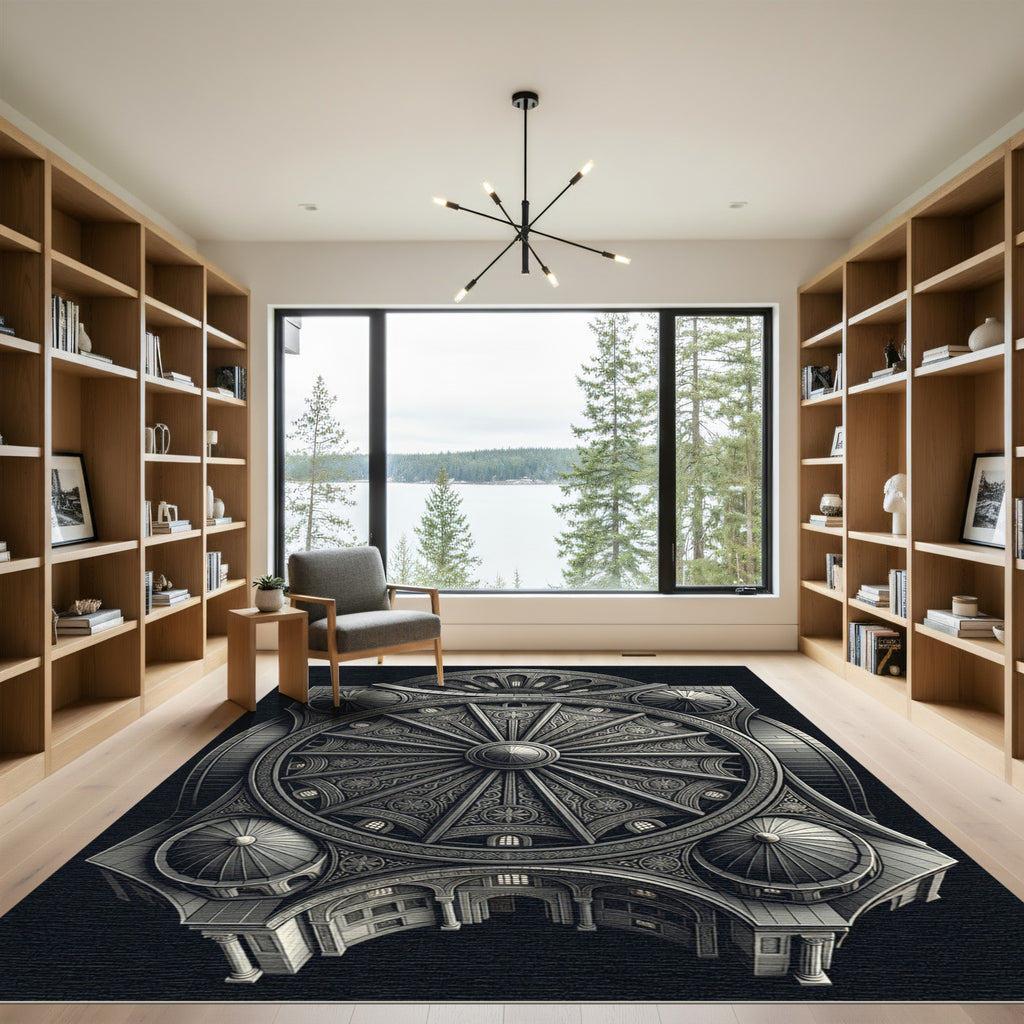 Ornate Monochrome Architectural Wheel Rug