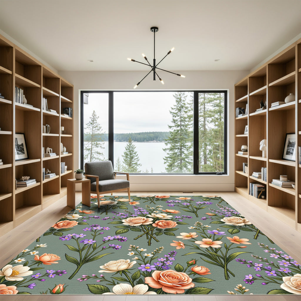 Cream Peach Violet Floral Bouquet Rug