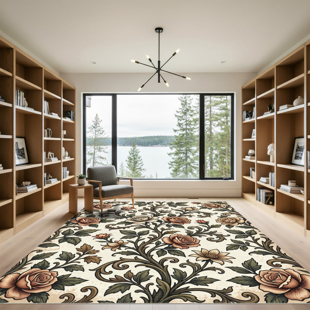 Vintage Sepia Rose Botanical Scroll Rug