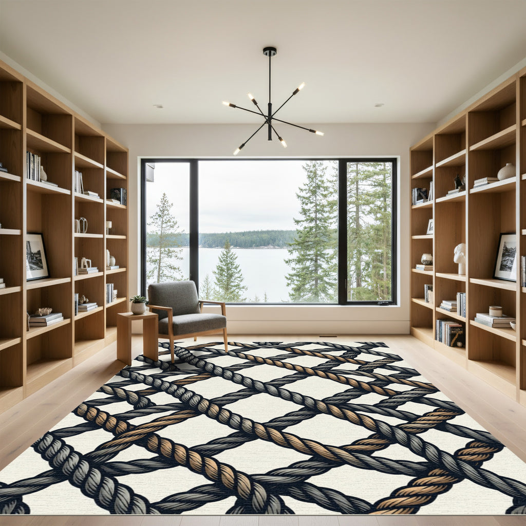 Nautical Gray and Gold Rope Lattice Rug