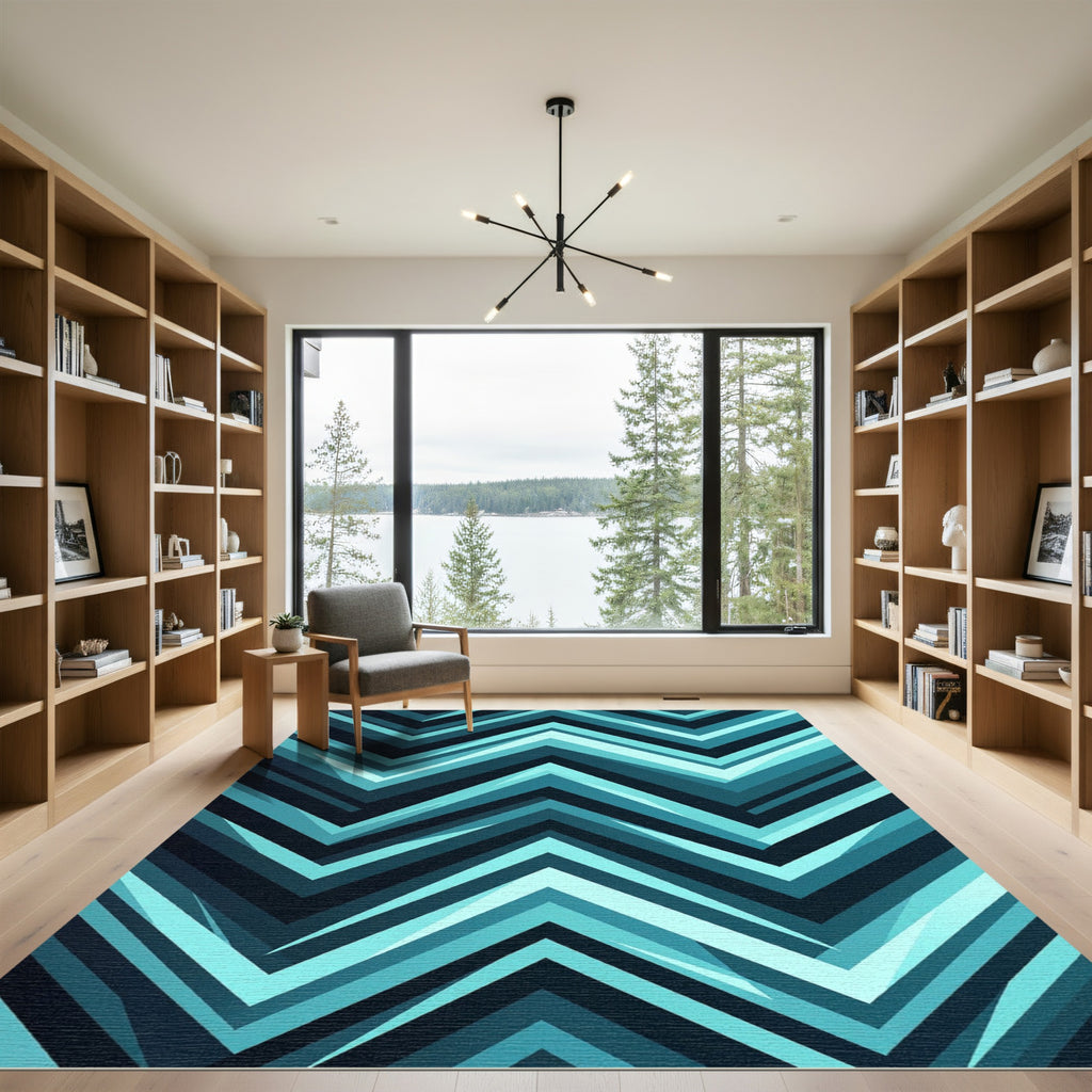 Modern Teal Chevron Graphic Lines Rug
