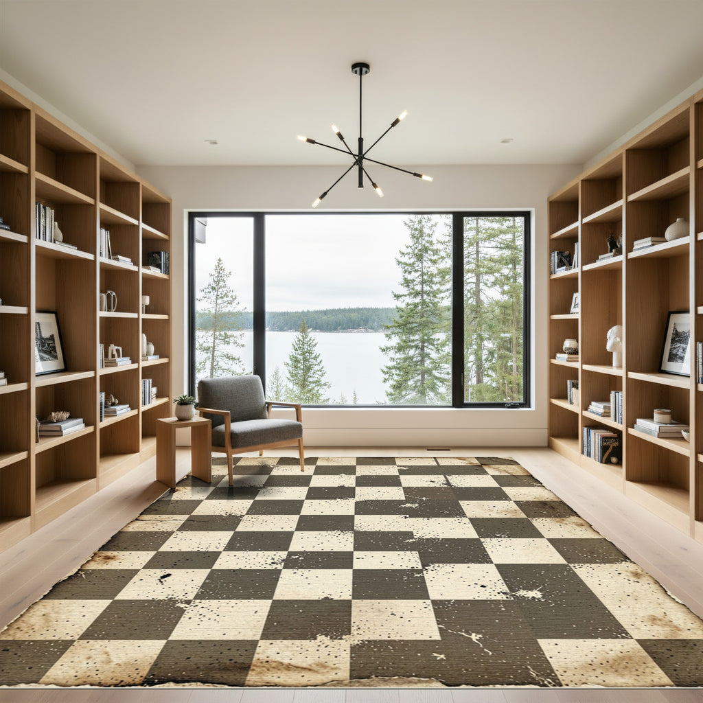 Distressed Vintage Monochrome Checkered Grid Rug