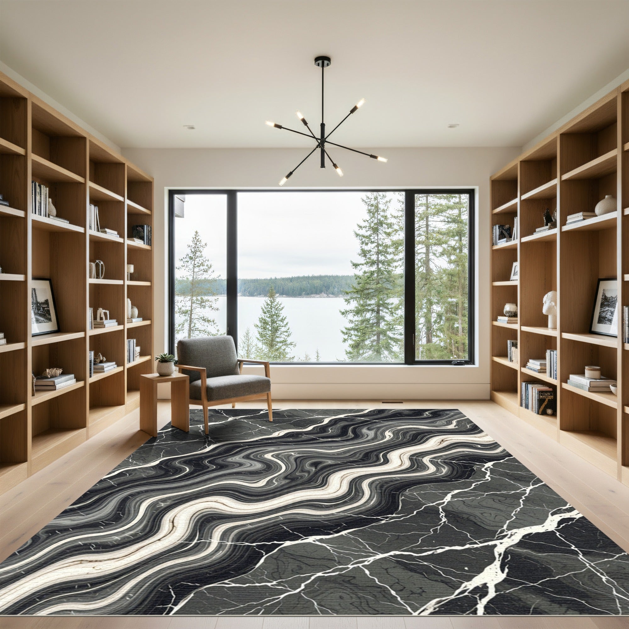 Modern Abstract Monochrome Liquid Marble Rug