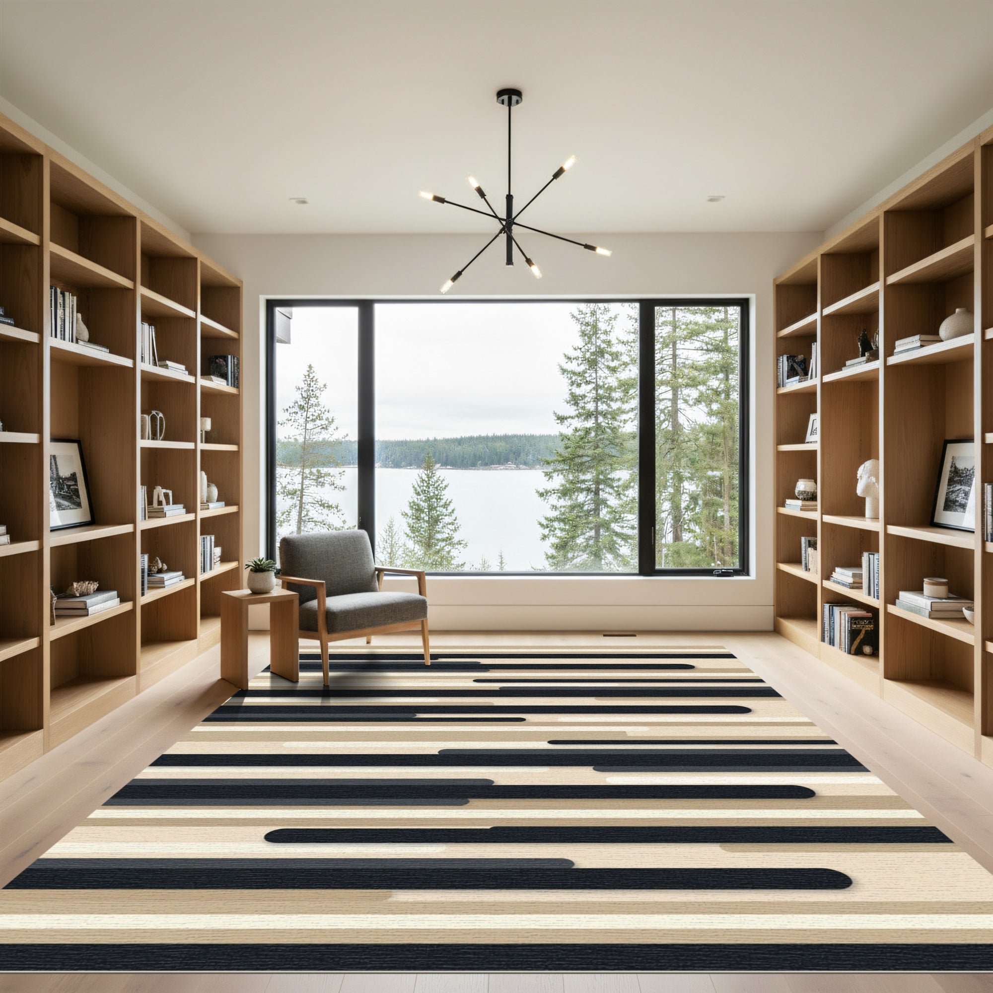 Modern Black Ivory Stripe Composition Rug