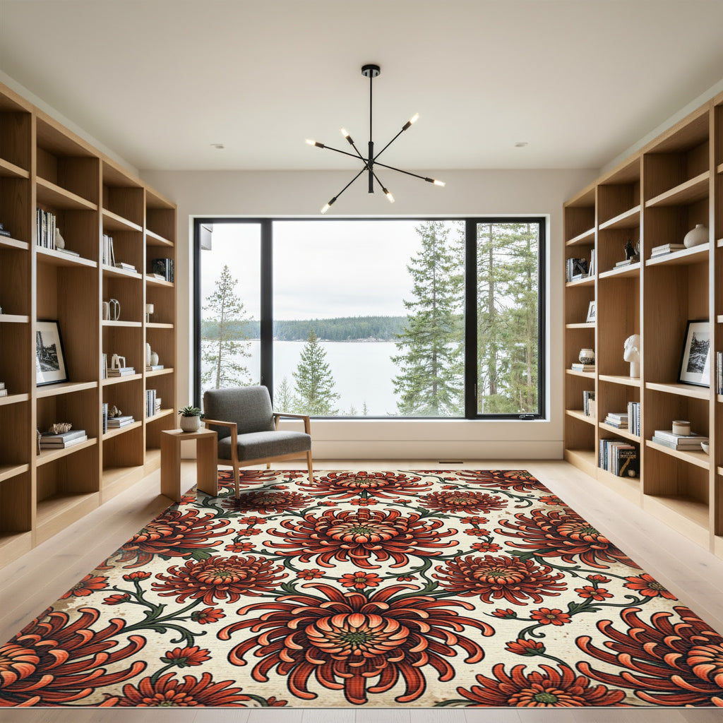 Crimson Chrysanthemum Floral Garland Rug