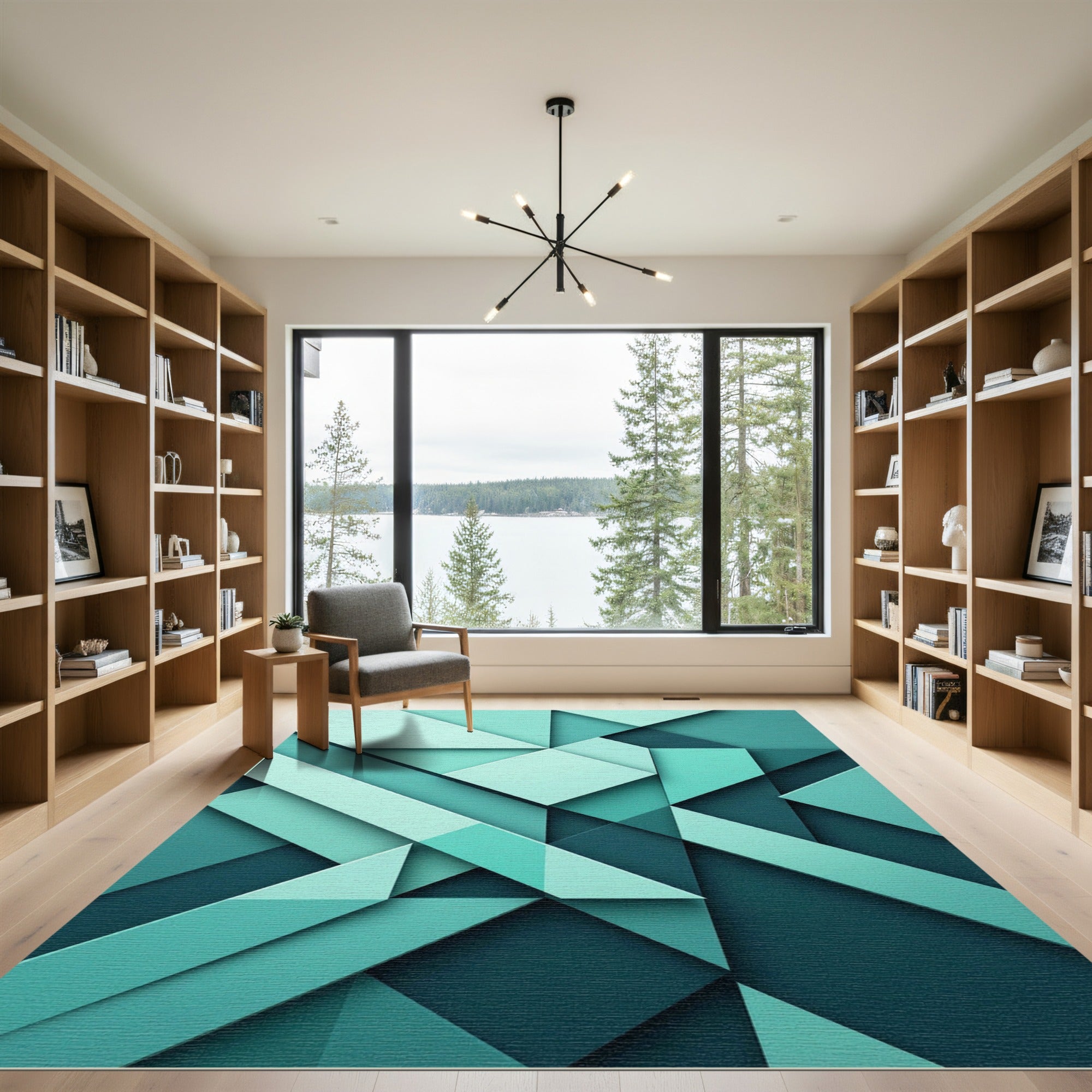 Modern Teal Geometric Angular Abstract Rug