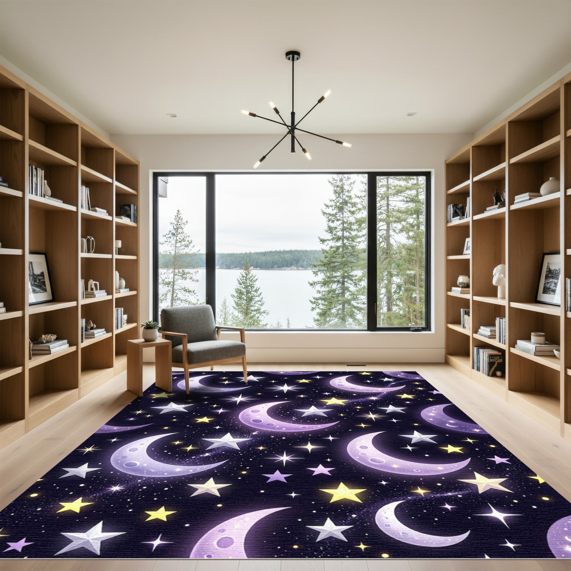 Celestial Crescent Moon and Starry Sky Rug