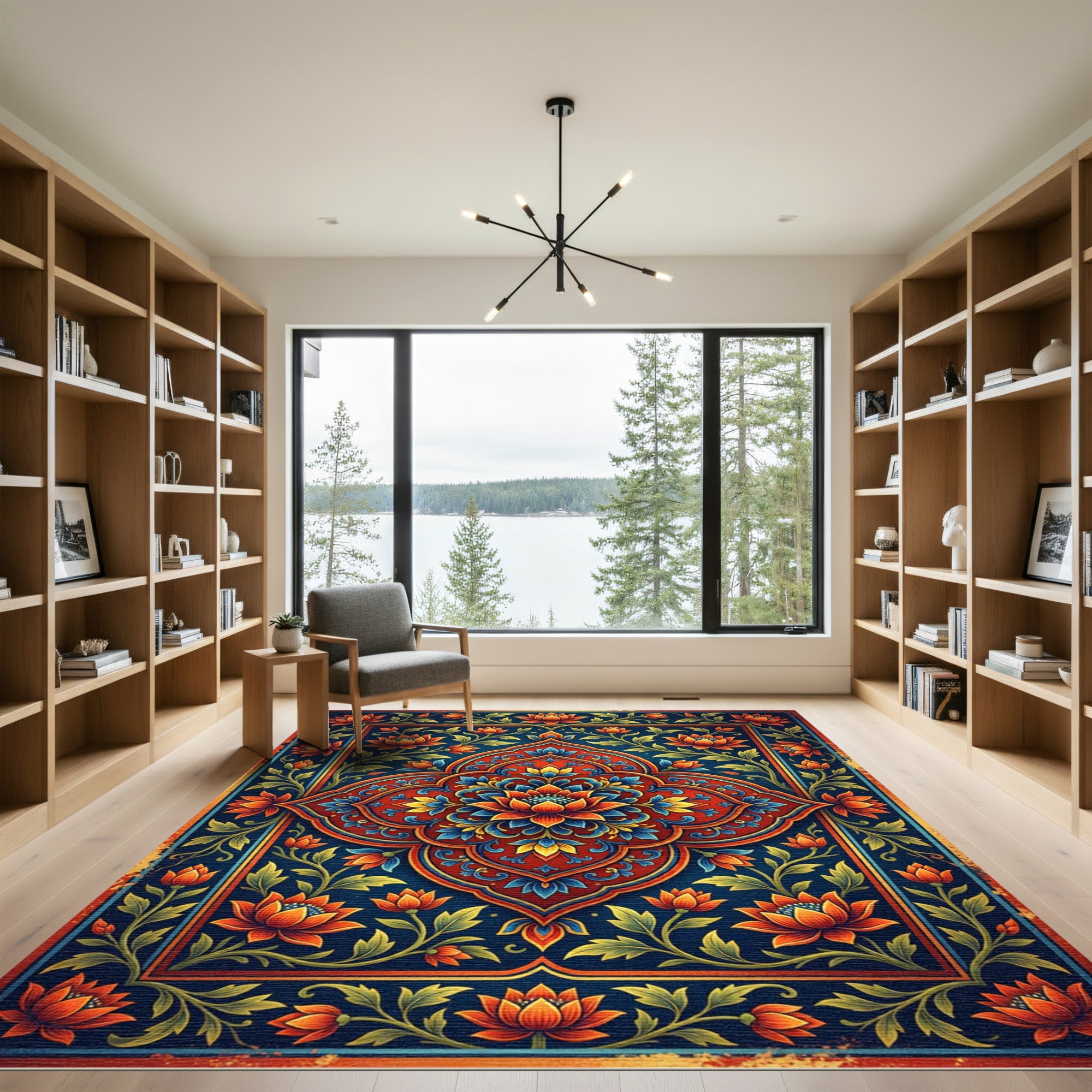 Vibrant Azure Golden Lotus Medallion Rug