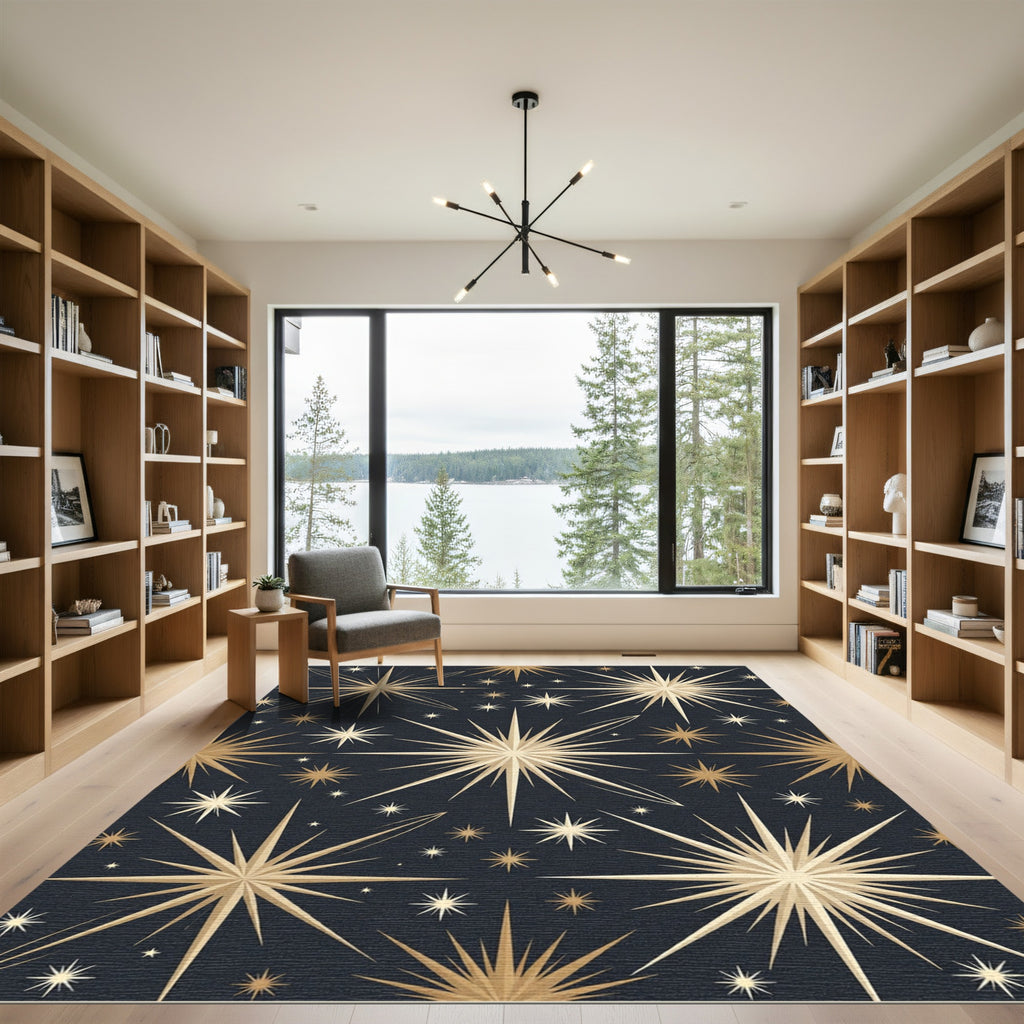 Gleaming Gold Starburst Night Sky Rug