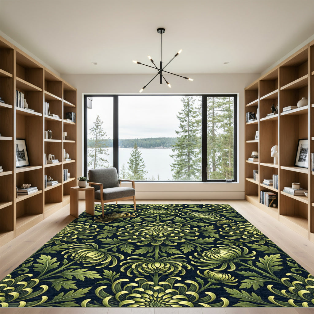 Vintage Sage Chrysanthemum Dark Botanical Rug
