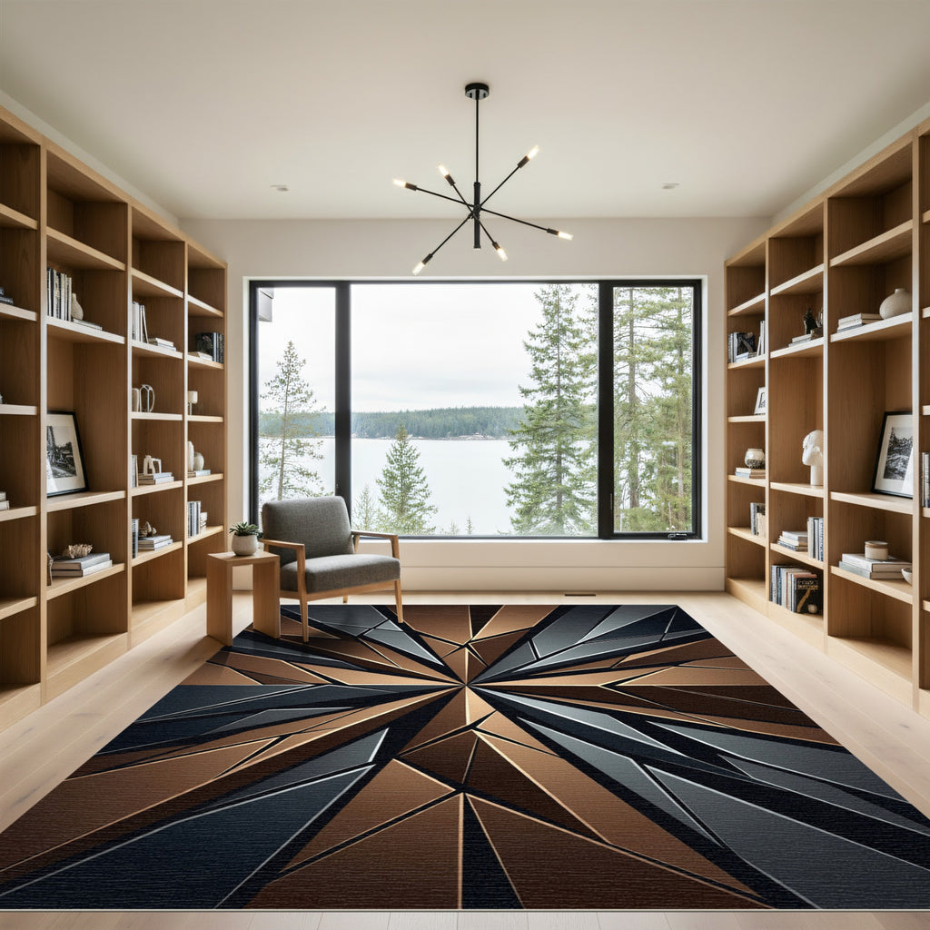 Metallic Bronze and Charcoal Geometric Star Rug