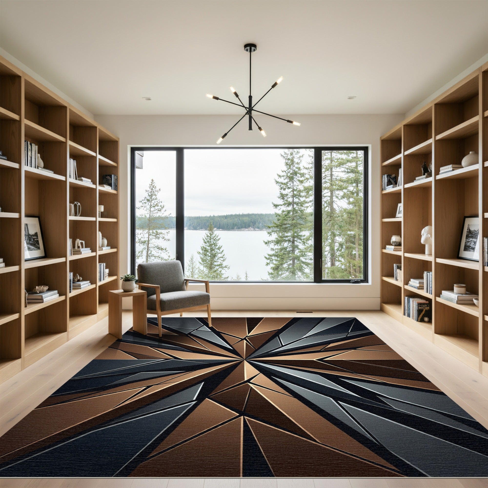 Metallic Bronze and Charcoal Geometric Star Rug