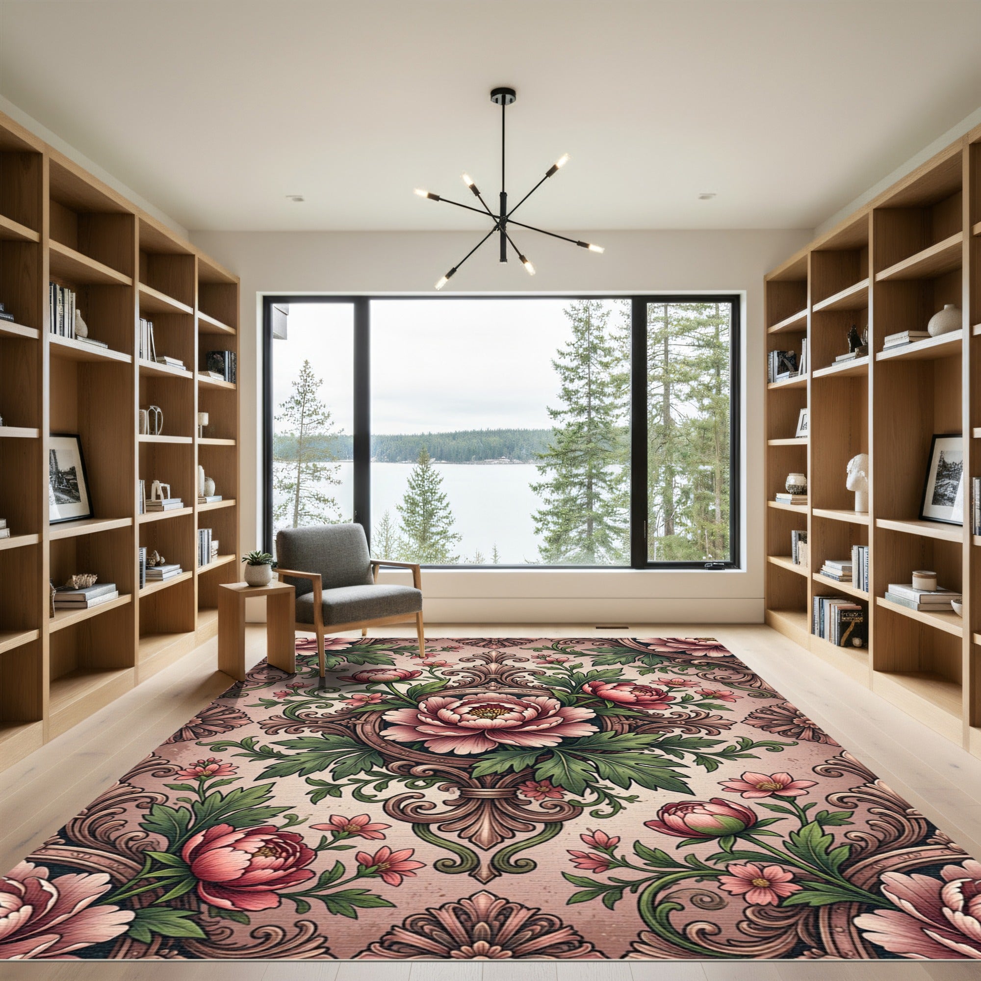Elegant Blush Peony Floral Damask Rug
