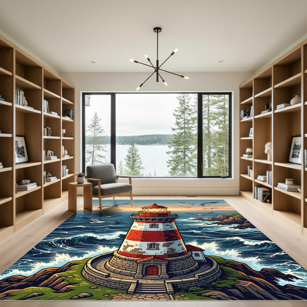 Coastal Lighthouse Seascape Painted Scene Rug