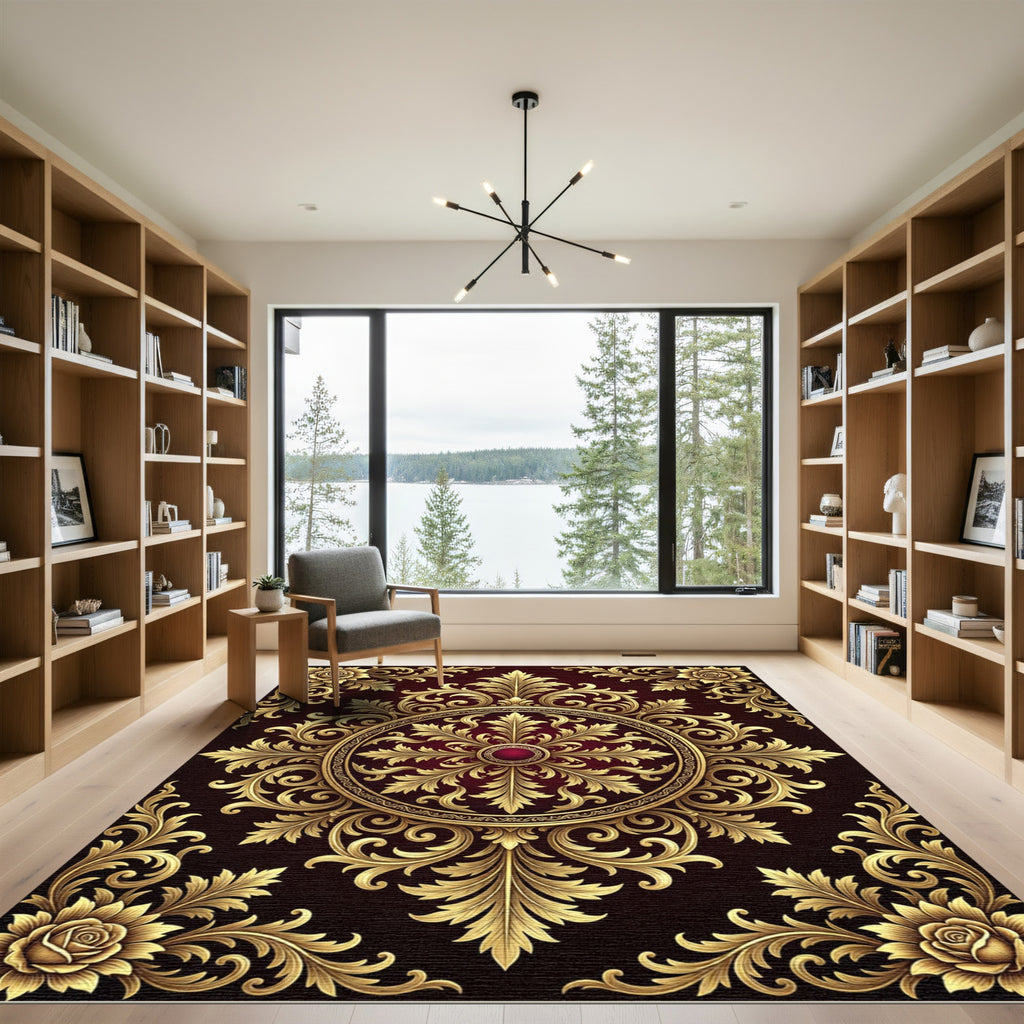 Luxurious Gold Filigree Crimson Floral Medallion Rug