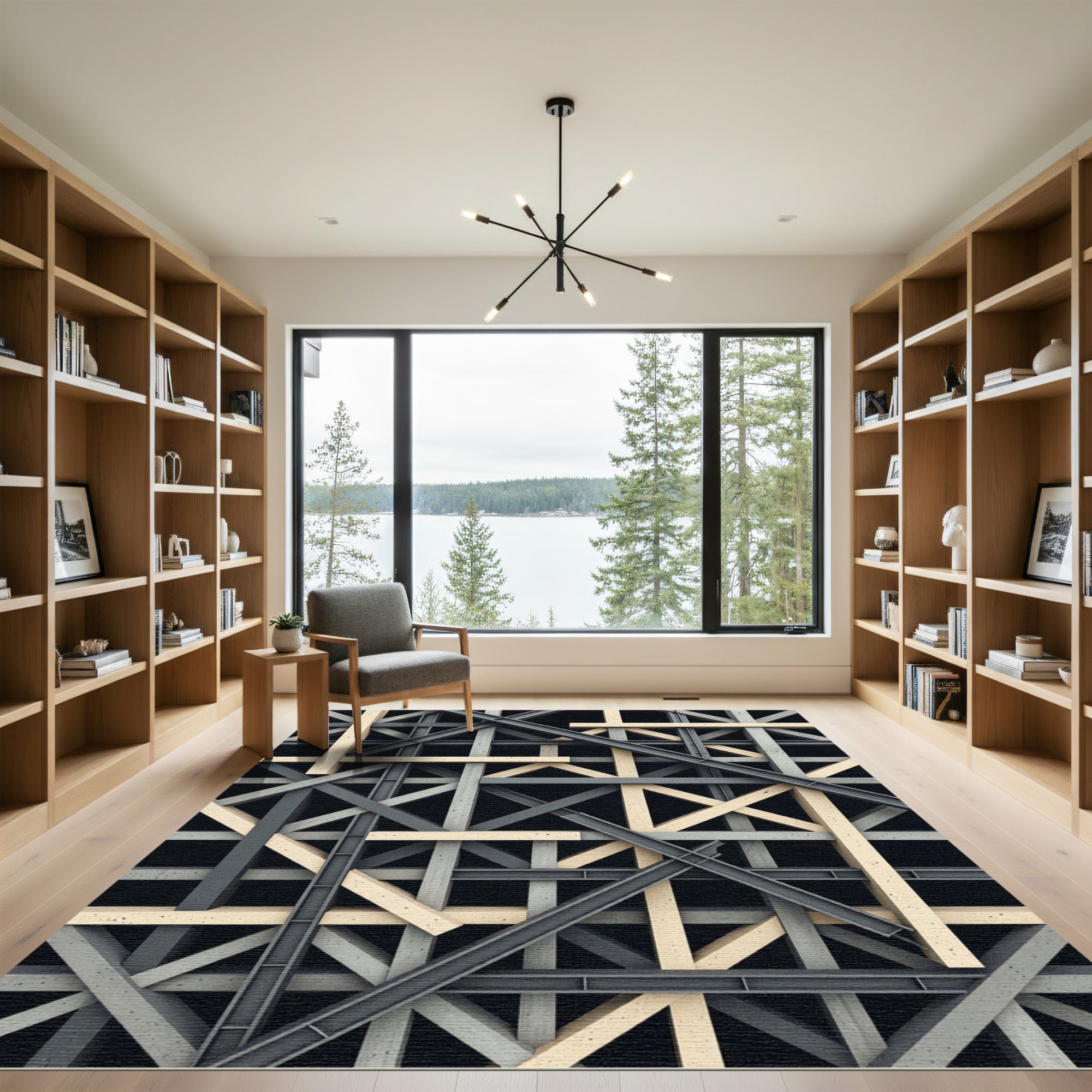 Industrial Steel Beam Geometric Grid Rug