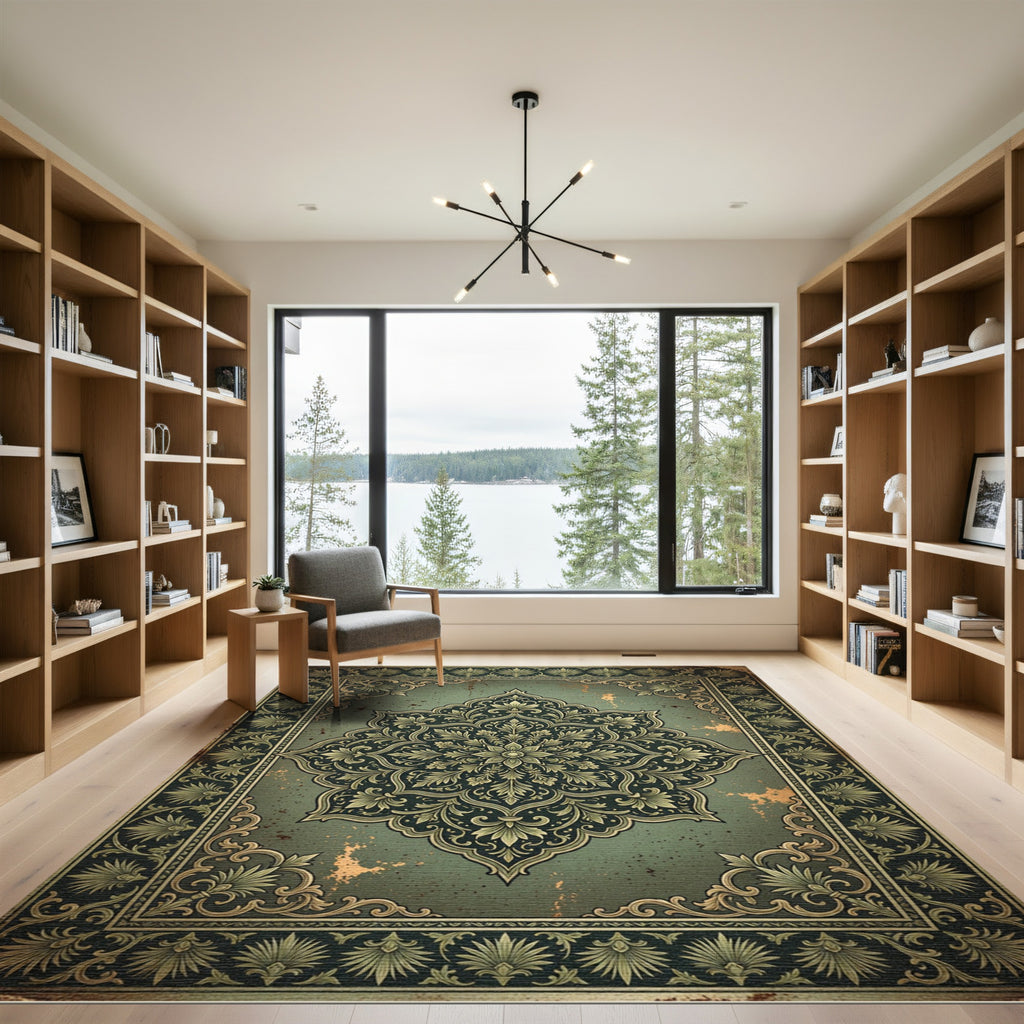 Symmetrical Sage Gold Ornate Medallion Rug