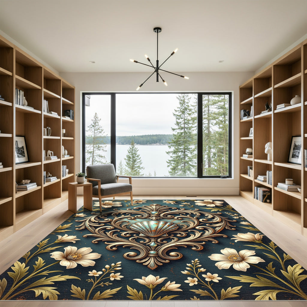 Ornate Scallop Shell Floral Teal Rug